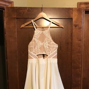 Short, white and beige formal dress with lace